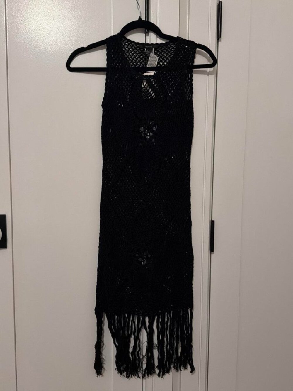 Black crochet dress with fringe